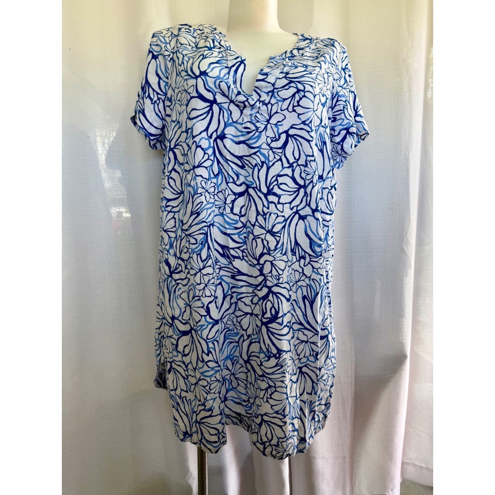 Martha Stewart Collection Linen Blend Shift Dress Womens 2X White Blue Floral